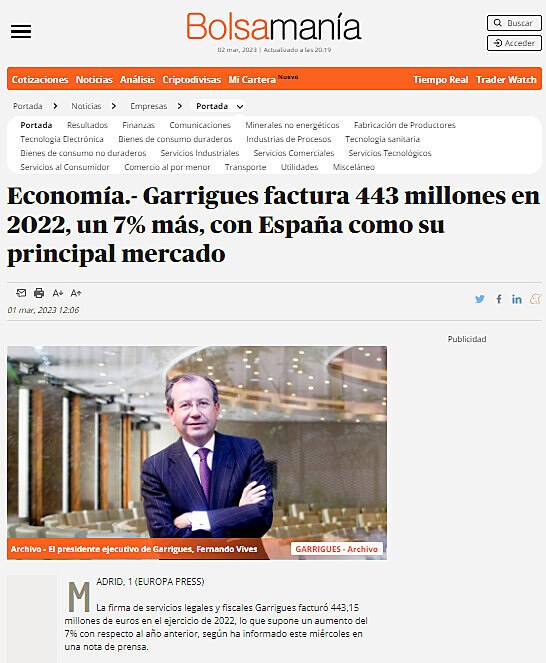 Economa.- Garrigues factura 443 millones en 2022, un 7% ms, con Espaa como su principal mercado